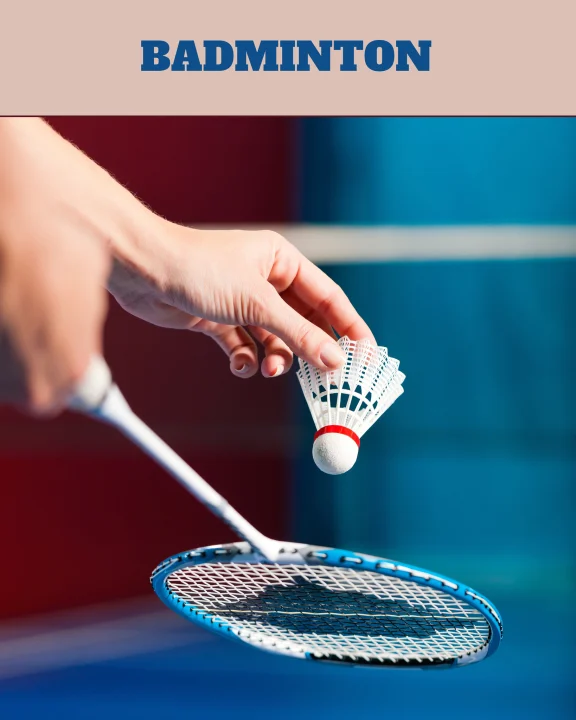 Illustration d’un joueur préparant un service de badminton, volant en main et raquette au premier plan.