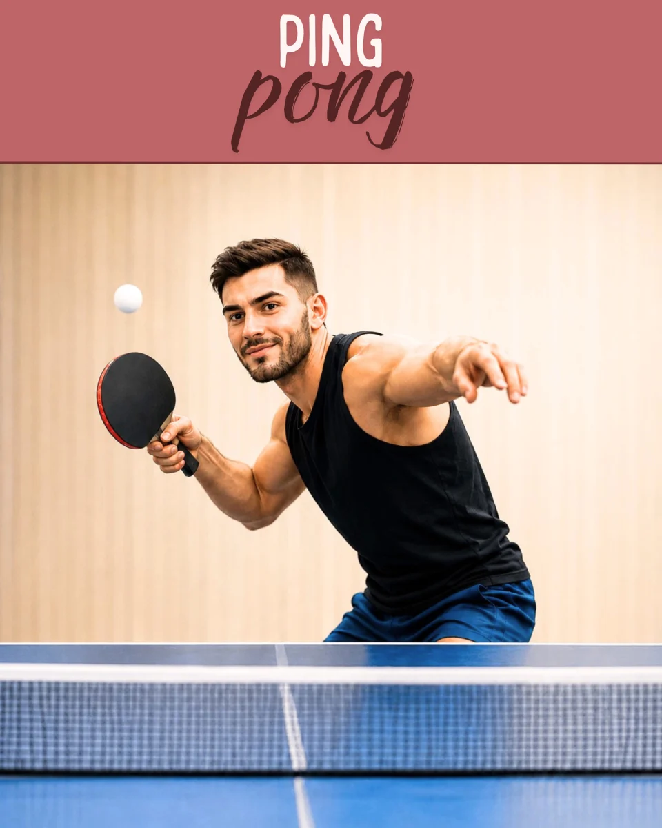 Joueur de ping-pong en action derrière une table, raquette en main et balle en vol.
