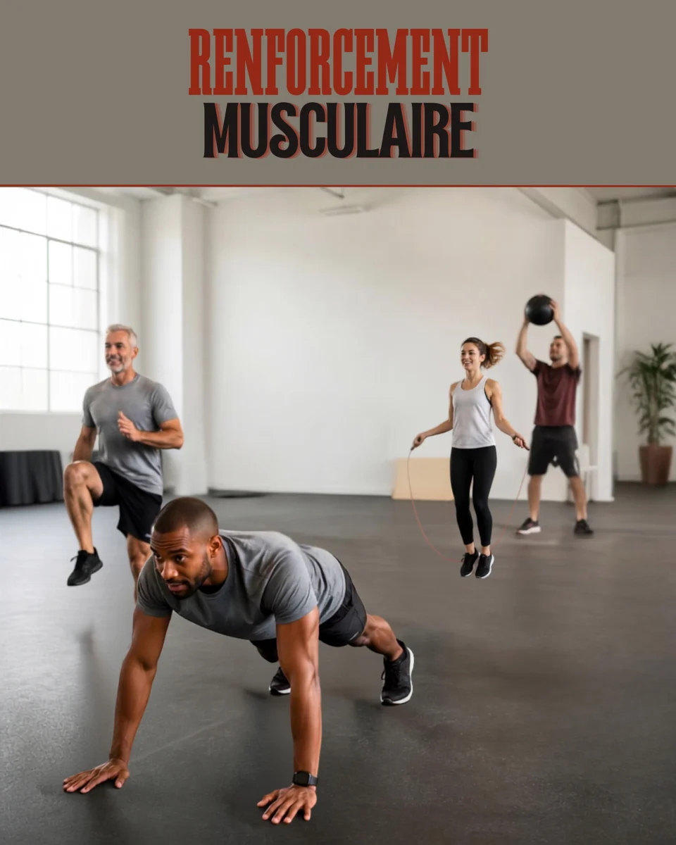 Participants réalisant un exercice de renforcement des jambes avec des bandes élastiques lors d’un cours collectif de fitness.