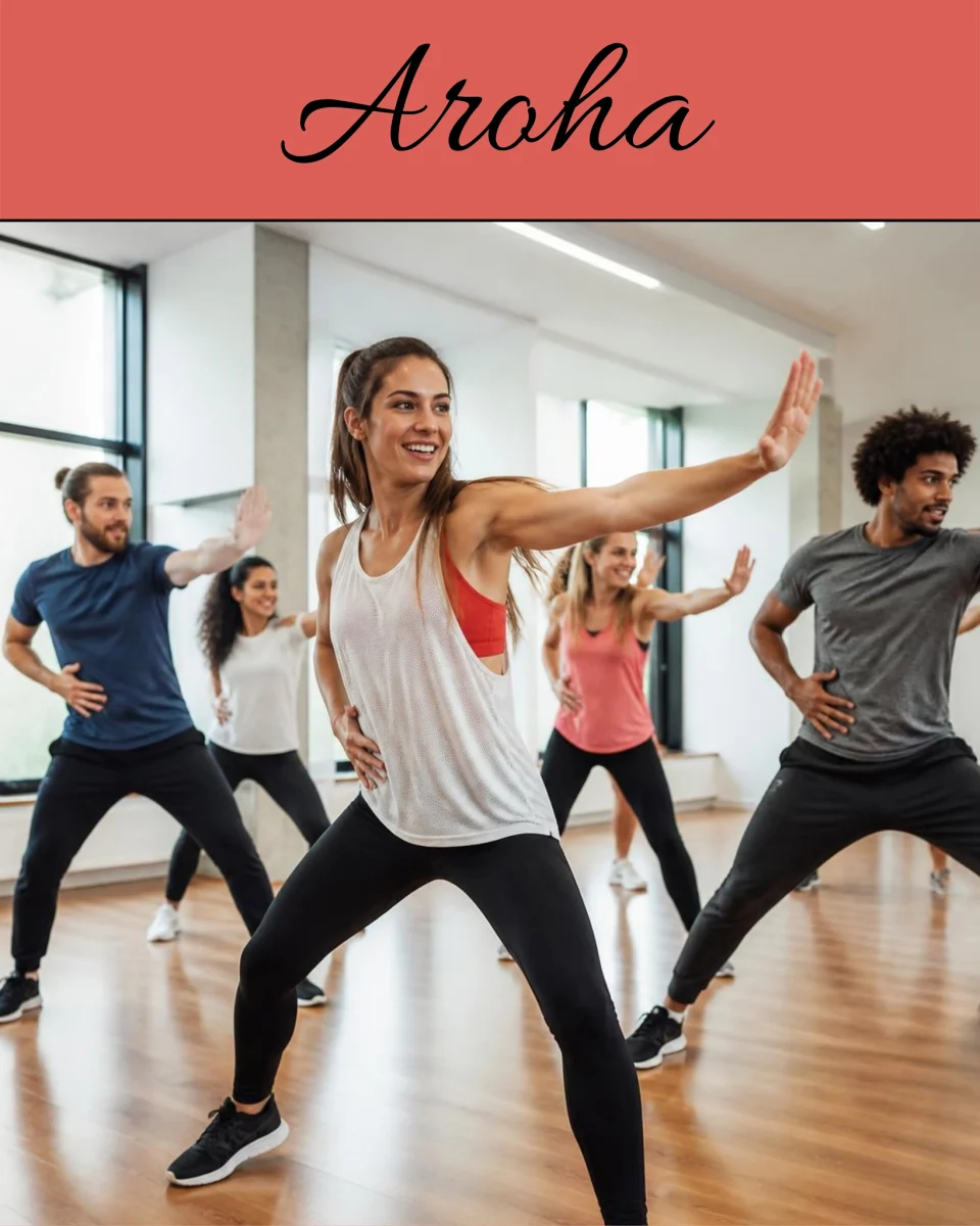 Participants réalisant une chorégraphie dynamique lors d’un cours collectif d’Aroha en salle.