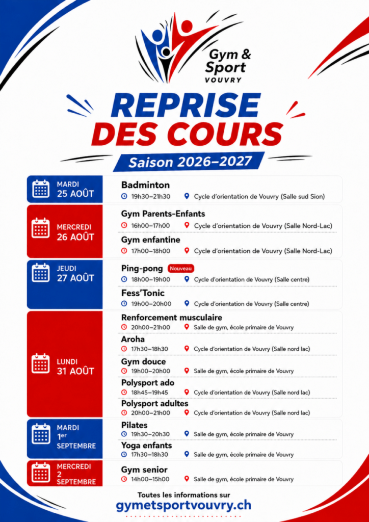 Flyer reprise des cours Gym & Sport Vouvry – saison 2026–2027
